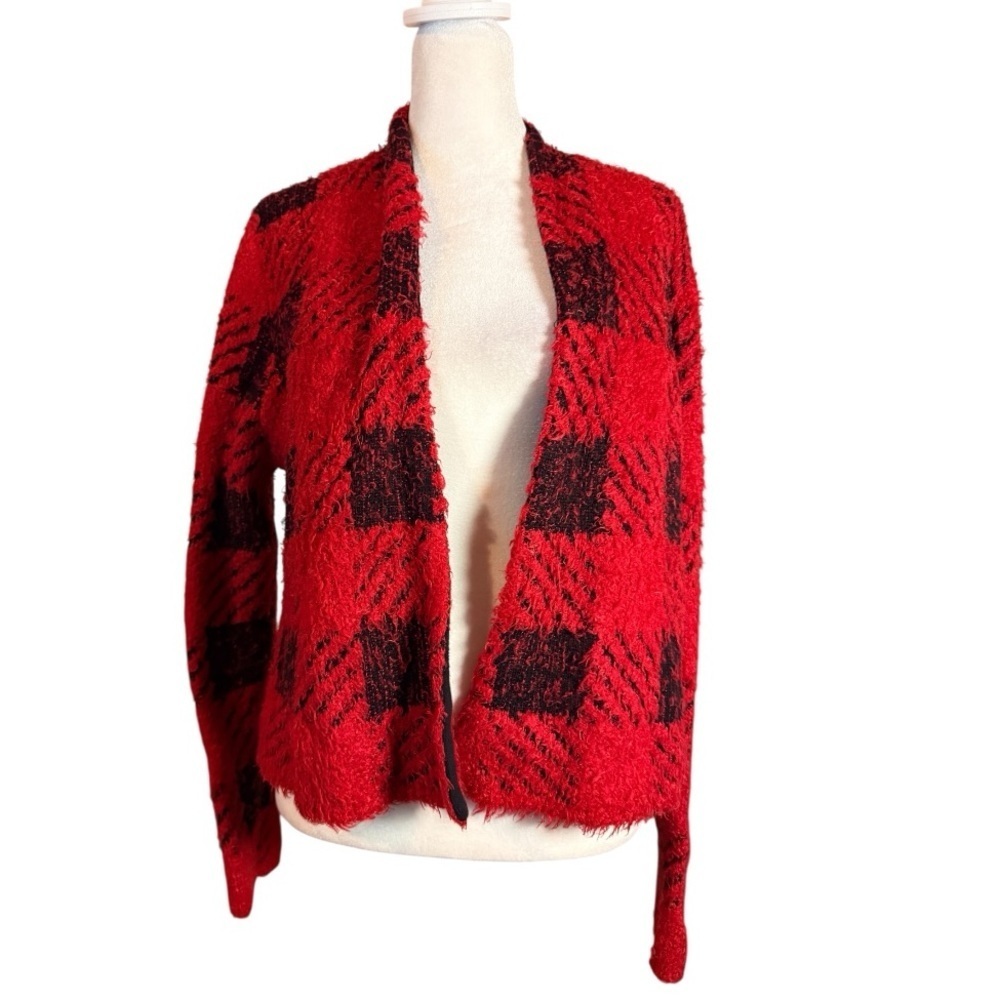 August Silk Red and Black Plaid Cardigan Buffalo Plaid Large